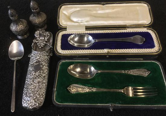 Silver spectacles case, christening pair, 2 other spoons and a pair of condiments